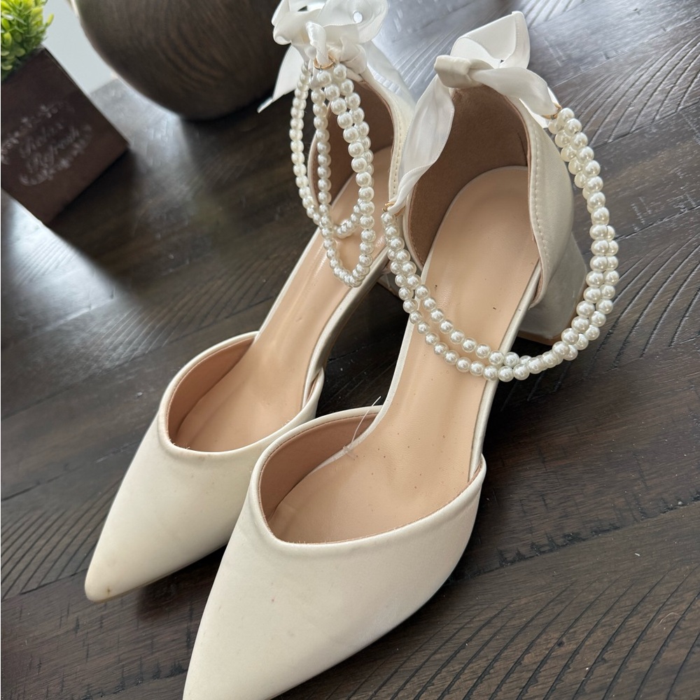 SHEIN Cream Heels with Pearl Ankle Strap